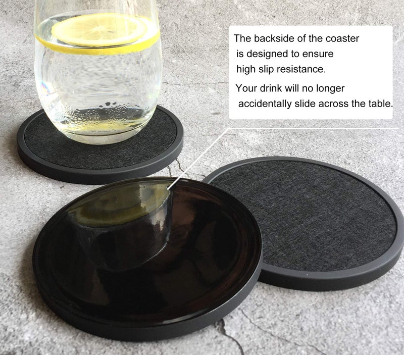 MECOWON Absorbent Coasters for Drinks with Holder - 6packs, Silicone Coasters with Soft Felt Insert, Black - Image 4