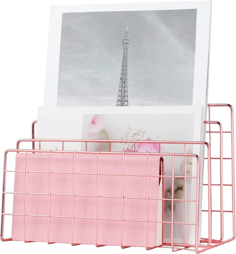 CentraLit Book Organizer Magazine File Holder Modern Desk, 3 Slot Modern Magazine Holder Stand for Table Desk Home File Stand Decor File Storage (Rose Gold) - Image 3