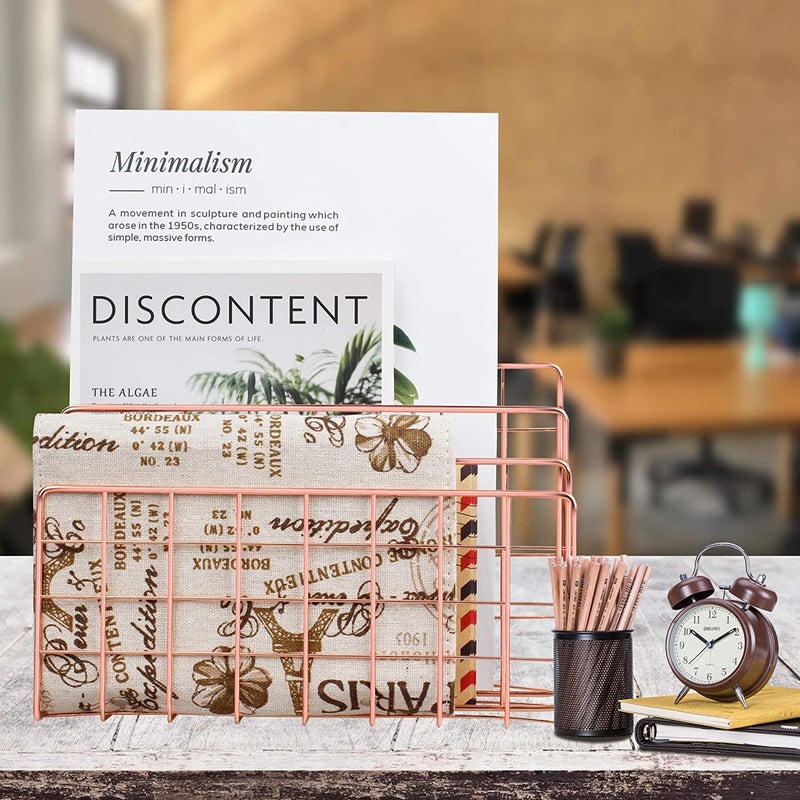 CentraLit Book Organizer Magazine File Holder Modern Desk, 3 Slot Modern Magazine Holder Stand for Table Desk Home File Stand Decor File Storage (Rose Gold) - Image 2