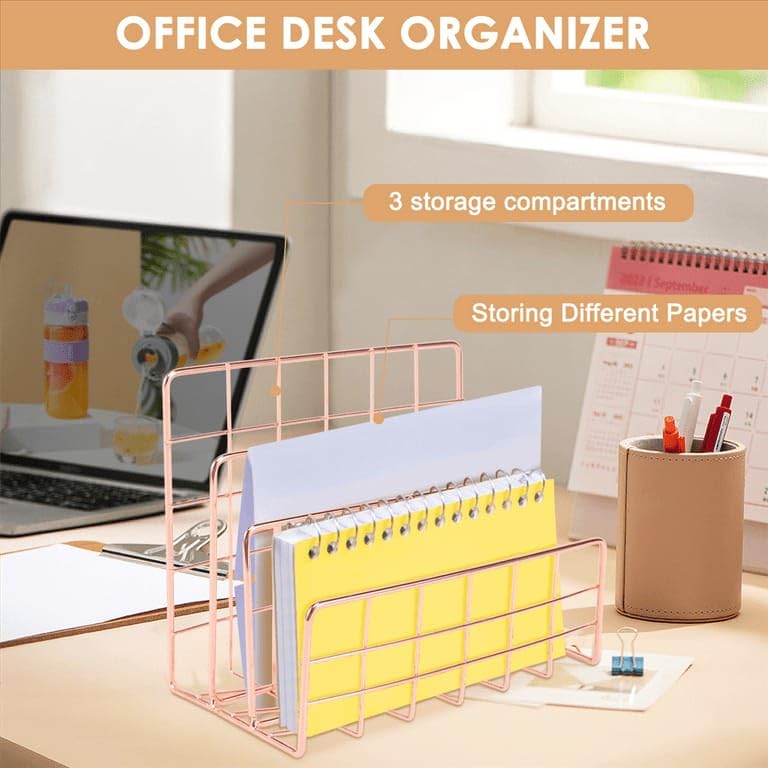 CentraLit Book Organizer Magazine File Holder Modern Desk, 3 Slot Modern Magazine Holder Stand for Table Desk Home File Stand Decor File Storage (Rose Gold) - Image 4