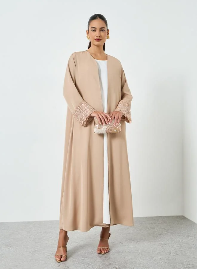 Amirah  Beige Embroidered Mesh Sleeve Cuff Open Front Abaya for Women | Best Price UAE