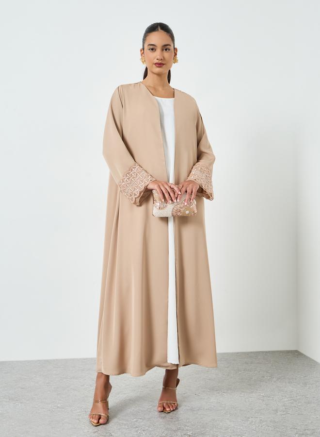 Amirah Beige Embroidered Mesh Sleeve Cuff Open Front Abaya - Image 3