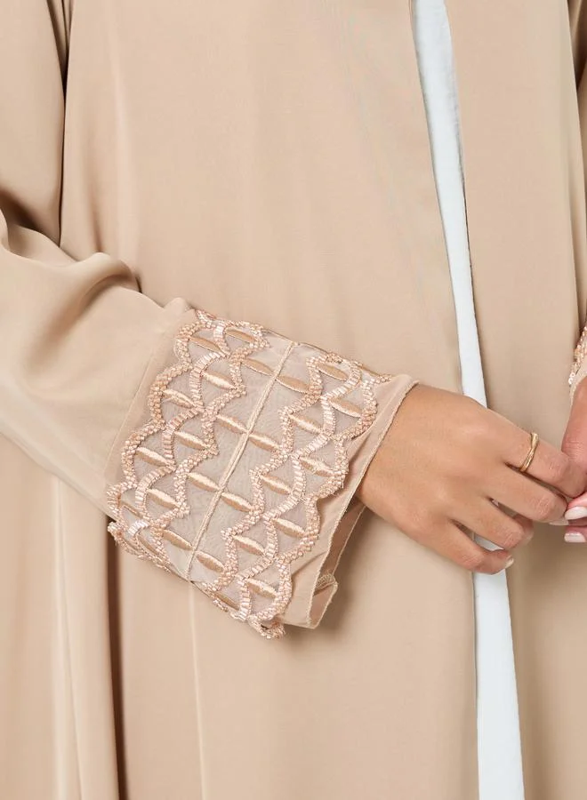 Amirah  Beige Embroidered Mesh Sleeve Cuff Open Front Abaya for Women | Best Price UAE
