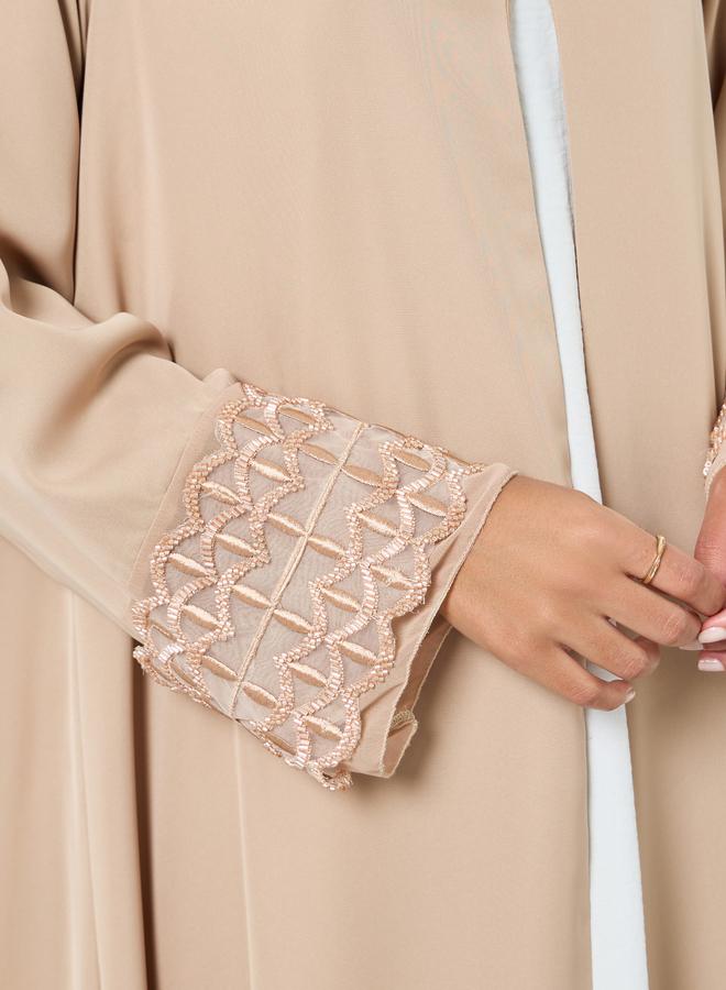 Amirah Beige Embroidered Mesh Sleeve Cuff Open Front Abaya - Image 4