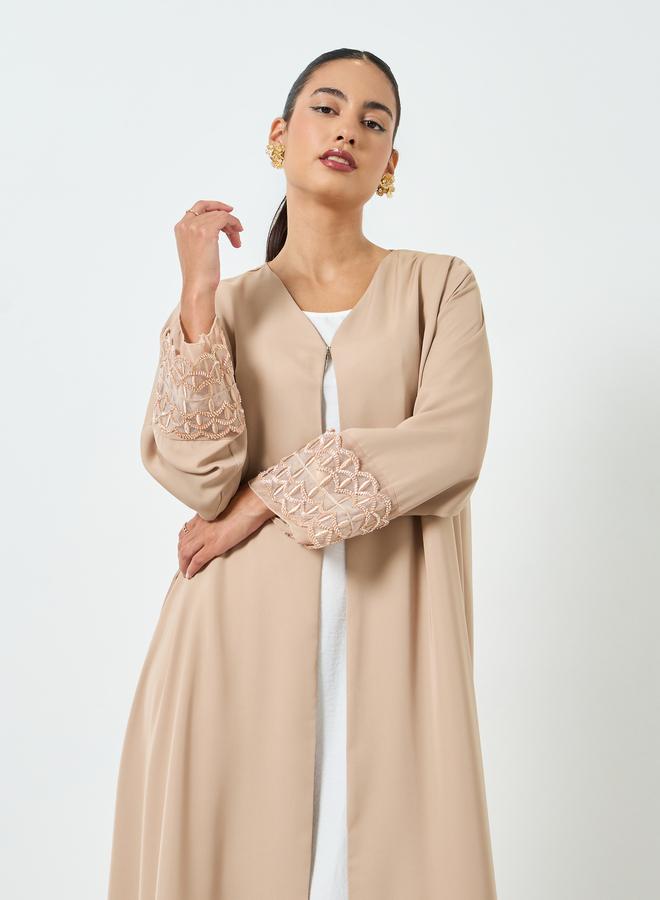 Amirah Beige Embroidered Mesh Sleeve Cuff Open Front Abaya - Image 2