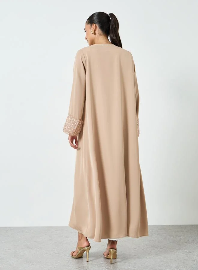 Amirah  Beige Embroidered Mesh Sleeve Cuff Open Front Abaya for Women | Best Price UAE