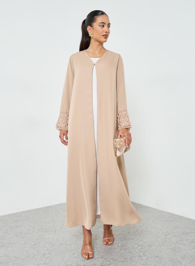 Amirah Beige Embroidered Mesh Sleeve Cuff Open Front Abaya - Image 1