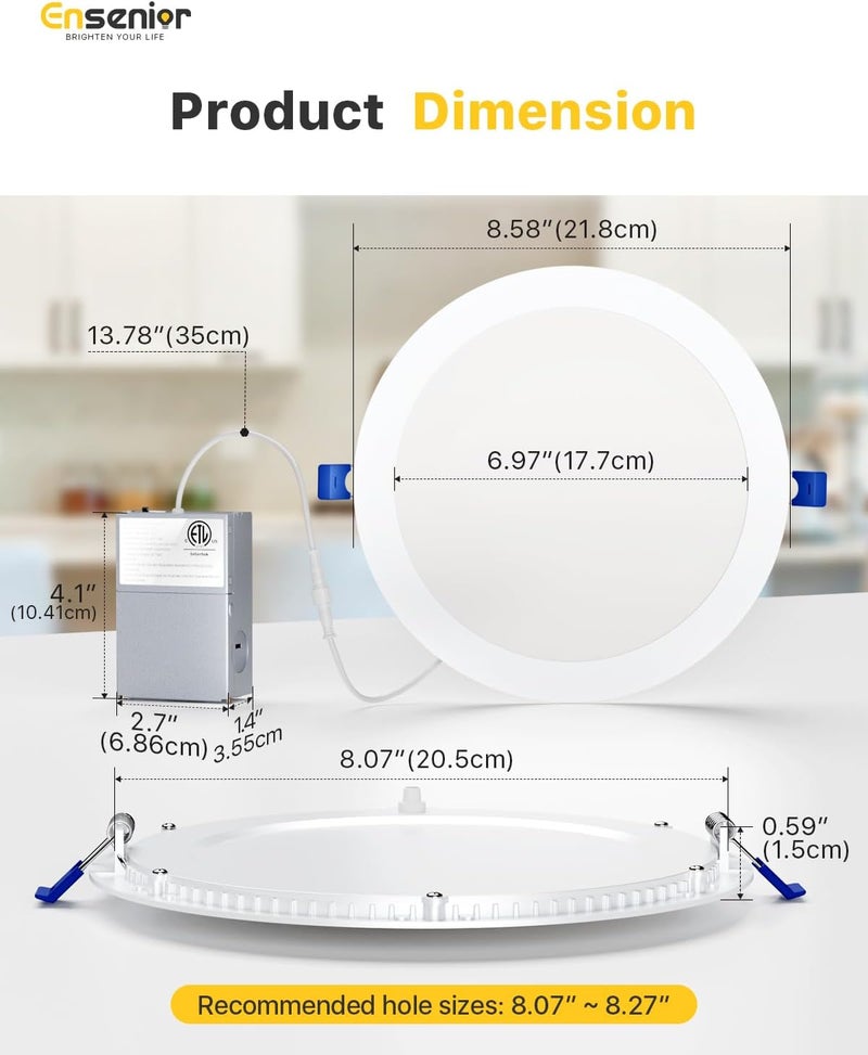 Ensenior 6 Pack 8 Inch LED Recessed Light, Dimmable, 2700K-5000K 5CCT, 1600LM High Brightness, 18W 120V, Damp Rated, Ultra-Thin Canless Wafer Light - ETL & FCC & IC - Image 5