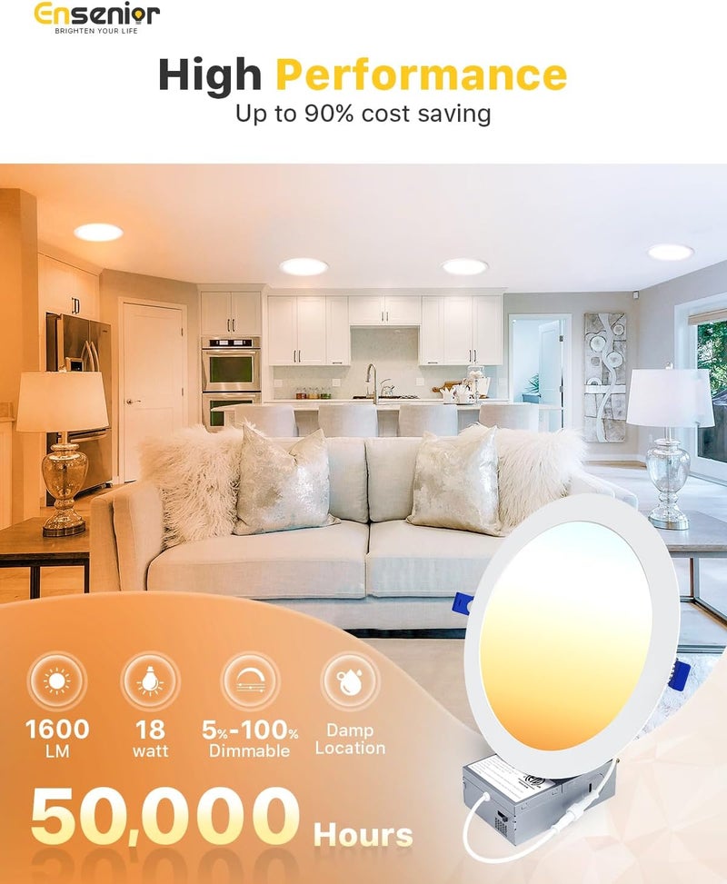 Ensenior 6 Pack 8 Inch LED Recessed Light, Dimmable, 2700K-5000K 5CCT, 1600LM High Brightness, 18W 120V, Damp Rated, Ultra-Thin Canless Wafer Light - ETL & FCC & IC - Image 3