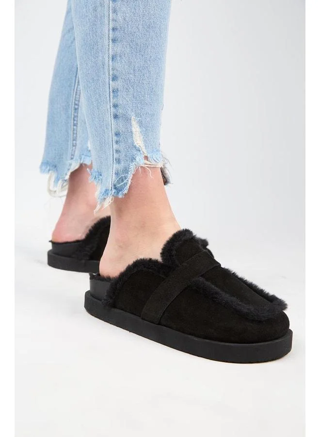 (Ecemi Platform) Women's Genuine Leather Fur Loafer Platform Black Slipper.