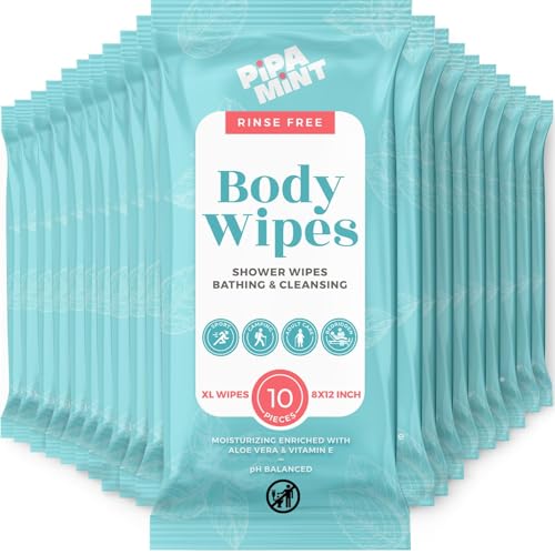PIPA MINT Body Wipes XL Shower Wipes Body Wipe for Adults Bathing Traveling Camping Gym Car Elderly Bedridden Disposable Washcloths for Adults No Rinse 1 Box Aloe 20 Pack 200 ct - Image 2