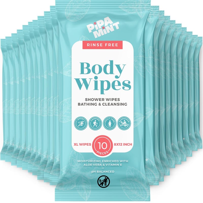 PIPA MINT Body Wipes XL Shower Wipes Body Wipe for Adults Bathing Traveling Camping Gym Car Elderly Bedridden Disposable Washcloths for Adults No Rinse 1 Box Aloe 20 Pack 200 ct - Image 3
