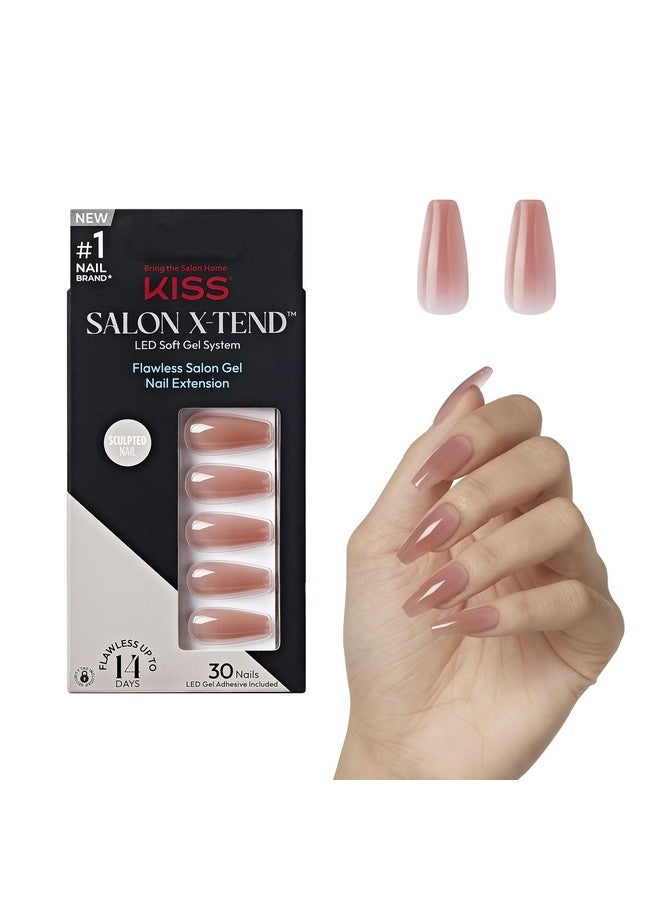KISS Salon X-tend, Press-On Nails, Nail glue included, 'Flowers', Medium Pink, Long Size, Coffin Shape, Includes 30 Nails, 5Ml Led Soft Gel Adhesive, 1 Manicure Stick, 1 New Mini File, New Prep Pad - Image 1