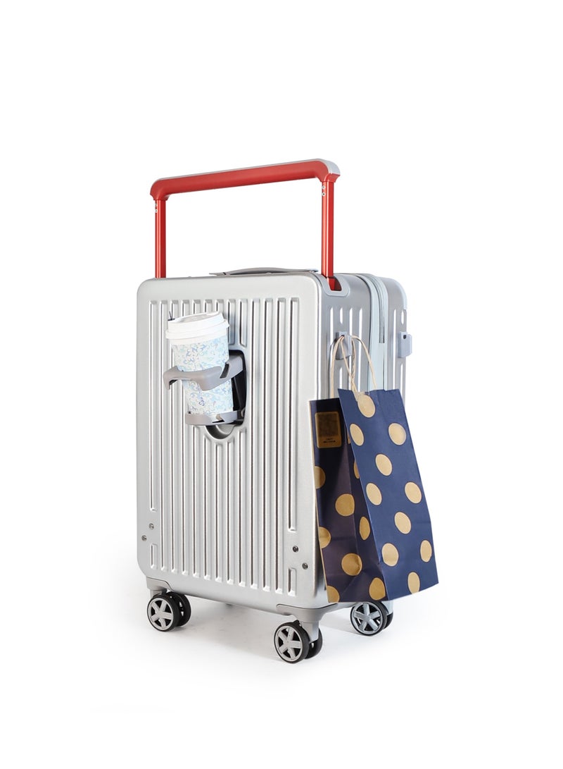NEWCOM 20 Inch Carry On Luggage with Cup Holder & USB Charging Port, Wide Handle Hard Shell Suitcase with TSA Lock, Double Spinner Wheels Cabin Trolley – Silver / Black - Image 1