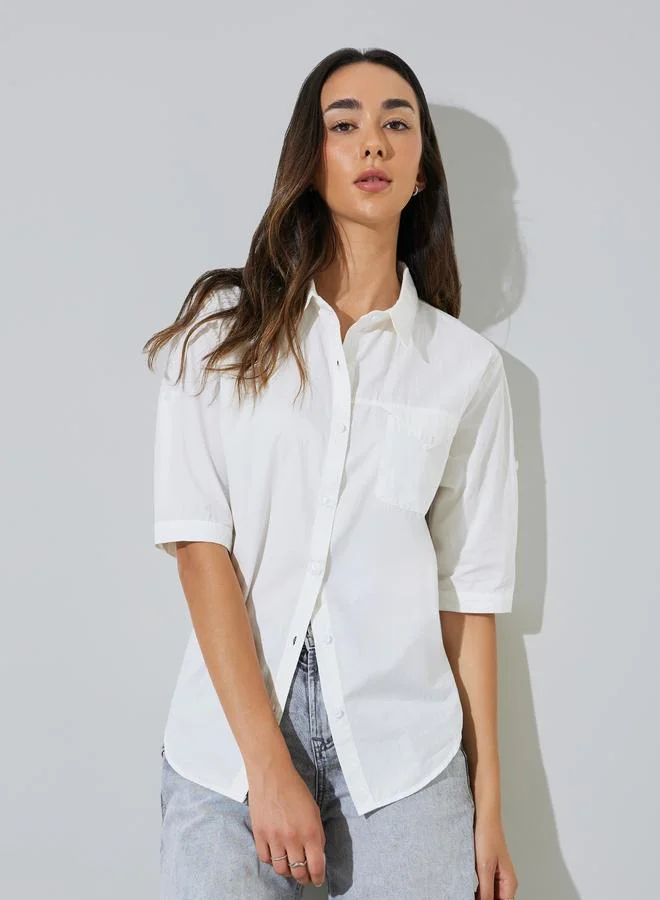 Styli White Solid Short Sleeve Casual Shirt
