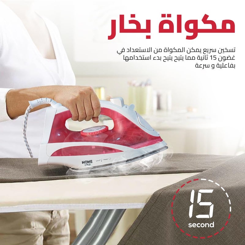 Steam Iron 2000W with Ceramic Soleplate, 15 s Heat Up, Spray and Burst, Dual Modes Dry and Steam, Safety Features, Precision Controls, Red, HG‑801A (Red) - Image 3