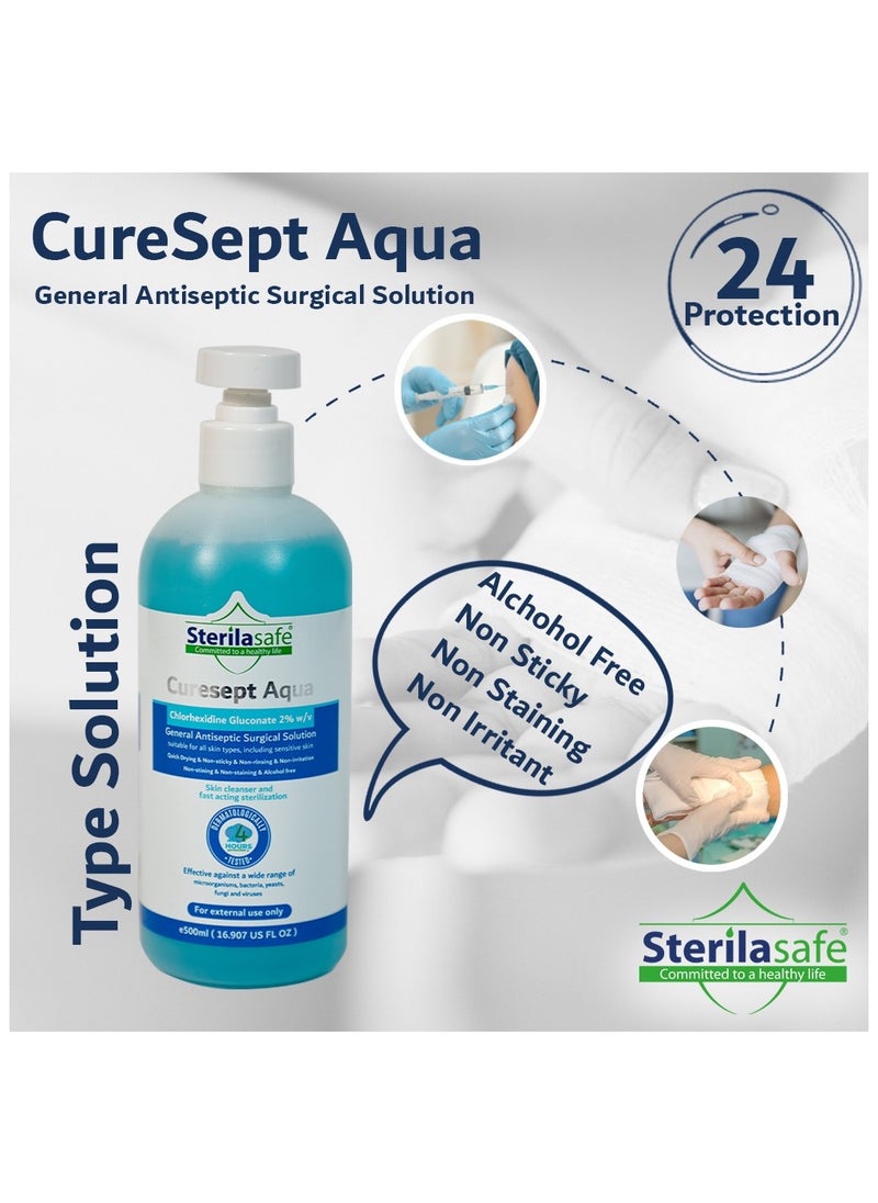 Sterilasafe Sterilasafe CureSept Aqua General Antiseptic, Antimicrobial Skin Cleanser, Surgical Solution, Chlorhexidine Gluconate 2%, Alcohol free, 500 ML  - Image 4