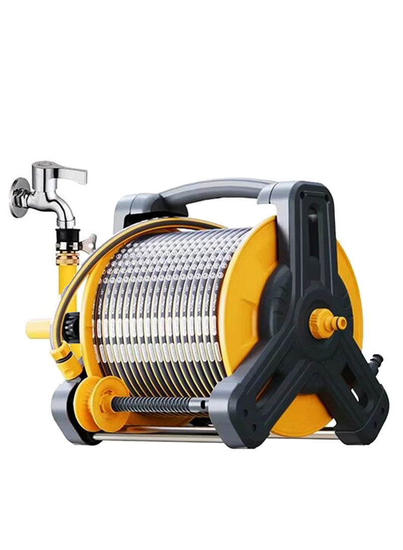 ABJ 30M Garden Hose Reel Set with 10-Function Spray Gun – Portable Hose Holder for Outdoor Watering, Lawn Care, and Car Washing (Yellow) - Image 1