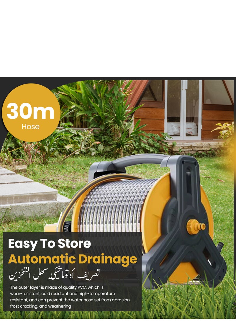 ABJ 30M Garden Hose Reel Set with 10-Function Spray Gun – Portable Hose Holder for Outdoor Watering, Lawn Care, and Car Washing (Yellow) - Image 3