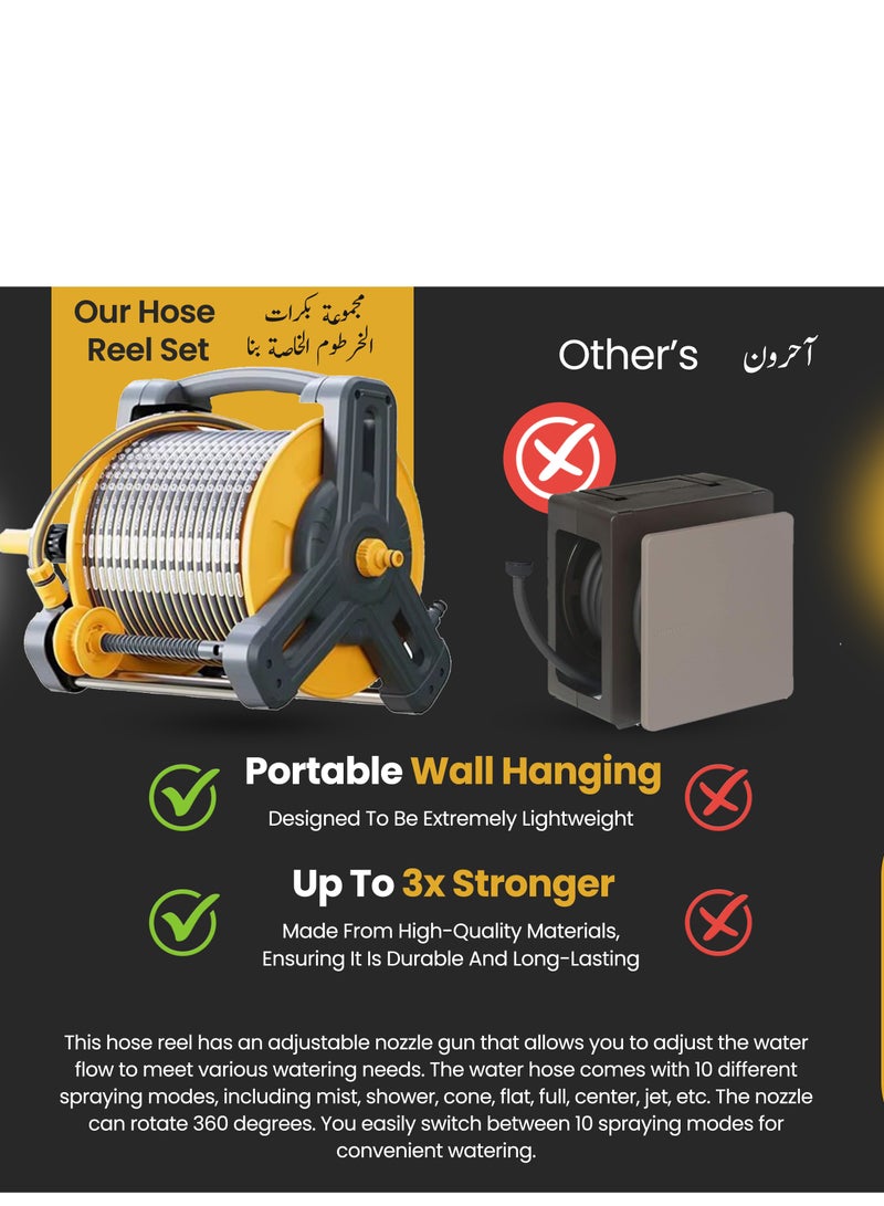 ABJ 30M Garden Hose Reel Set with 10-Function Spray Gun – Portable Hose Holder for Outdoor Watering, Lawn Care, and Car Washing (Yellow) - Image 4