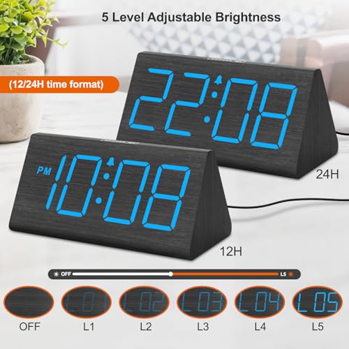 DreamSky Wooden Digital Alarm Clocks for Bedrooms - Electric Desk Clock with Large Numbers, USB Port, Loud Alarm for Heavy Sleepers, Adjustable Volume, Dimmer, DST, Wood Décor Gifts, Adapter Powered - Image 4