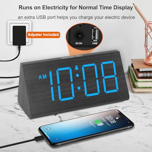 DreamSky Wooden Digital Alarm Clocks for Bedrooms - Electric Desk Clock with Large Numbers, USB Port, Loud Alarm for Heavy Sleepers, Adjustable Volume, Dimmer, DST, Wood Décor Gifts, Adapter Powered - Image 5