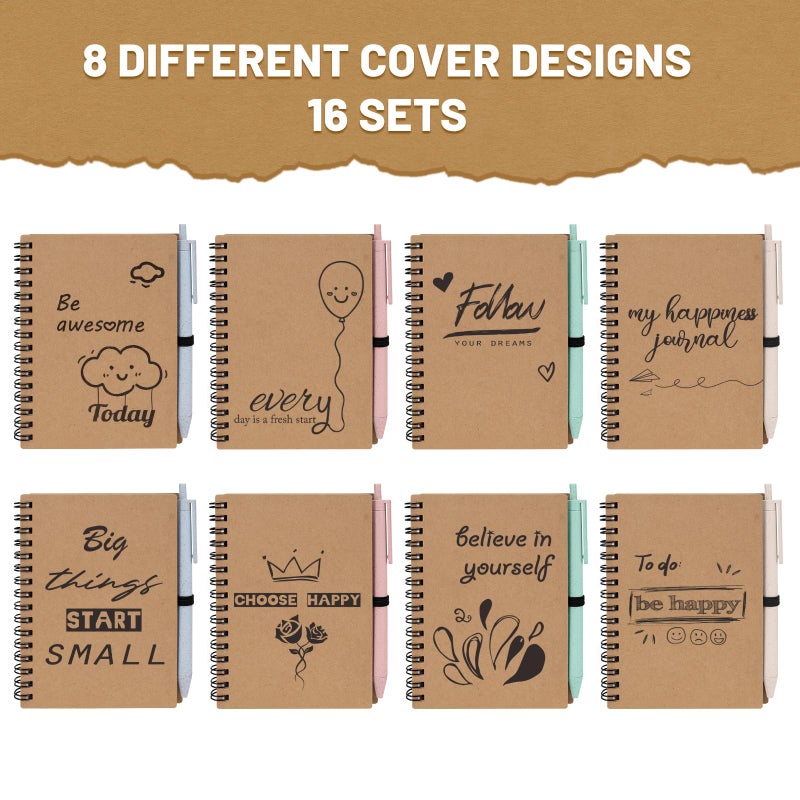 Dynta 32 Pcs Inspirational Journals Bulk 16 Sets A6 Spiral Notebook With Straw Ballpoint Pen Kraft Cover Motivational Small Notebook Office School Supplies Gifts For Coworkers Employee Students Kids - Image 3