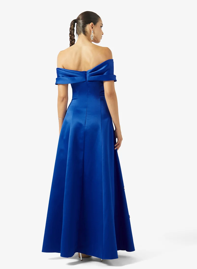 اكاديا فاشن OFF SHOULDER EMBELLISHED A LINE SATIN DRESS