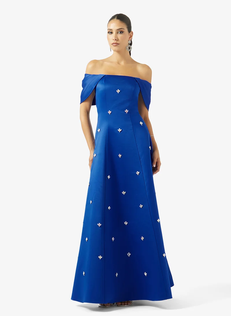 اكاديا فاشن OFF SHOULDER EMBELLISHED A LINE SATIN DRESS