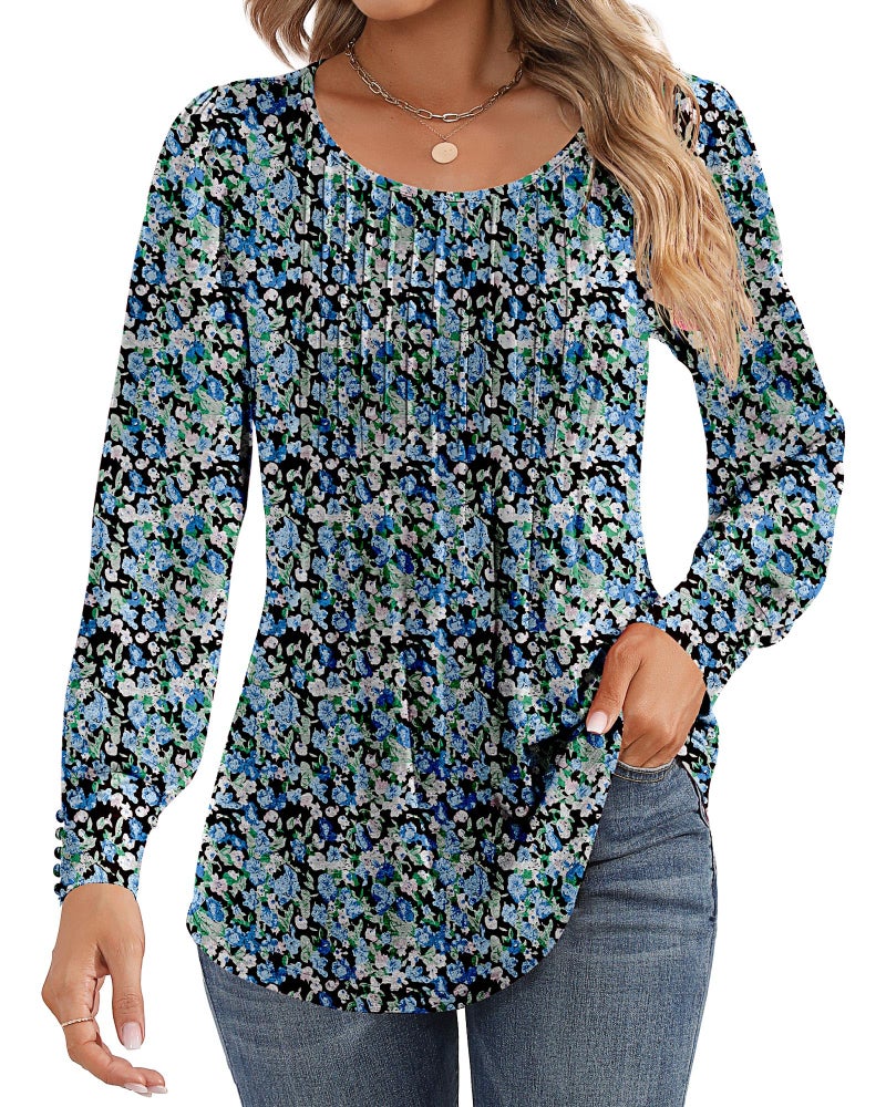 Ficerd Womens Puff Long Sleeve Tunic Tops Pleated Crew Neck Blouses Dressy Casual Loose Fit Fall and Winter ShirtsXXLargeBlue Floral