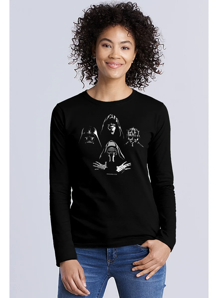 Rock&Roll Four Heads Star Wars Crew Neck Black Long Sleeve Combed Cotton Women's T-Shirt