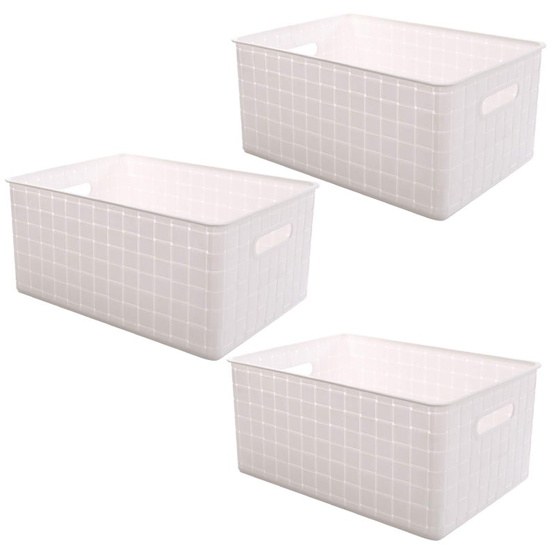 BINO | Plastic Basket, Large - White | 3 Pack | THE STABLE COLLECTION | Multi-Use Storage Basket | Rectangular Cabinet Organizer | Baskets for Organizing with Handles | Home & Office Storage Organizer - Image 1