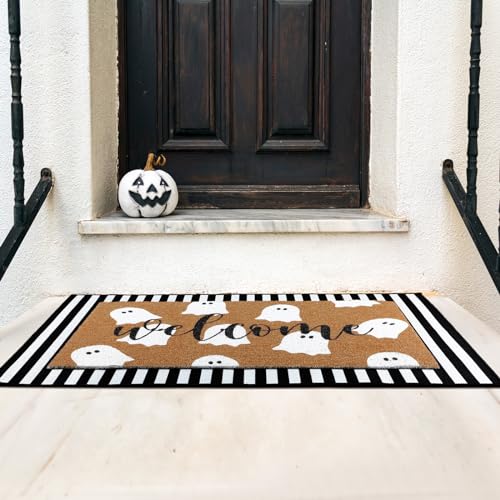 Tinideya 2 Pcs Halloween Welcome Door Mat Ghost Outdoor Welcome Mats for Front Door Non Slip Cute Ghost Coir Floor Mat Black White Stripe Halloween Rug for Outside Front Porch Entryway Decor - Image 5