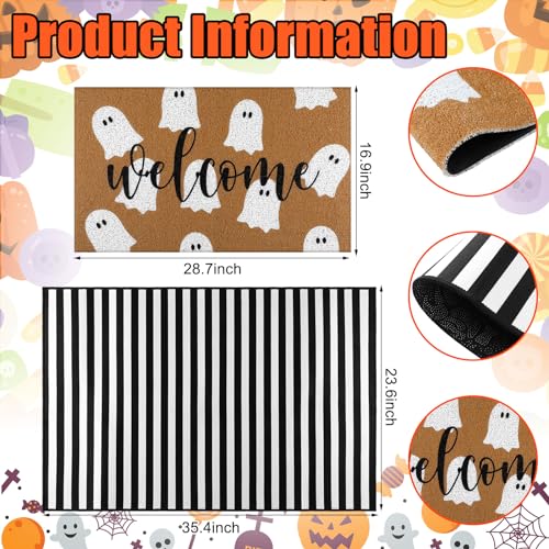 Tinideya 2 Pcs Halloween Welcome Door Mat Ghost Outdoor Welcome Mats for Front Door Non Slip Cute Ghost Coir Floor Mat Black White Stripe Halloween Rug for Outside Front Porch Entryway Decor - Image 3