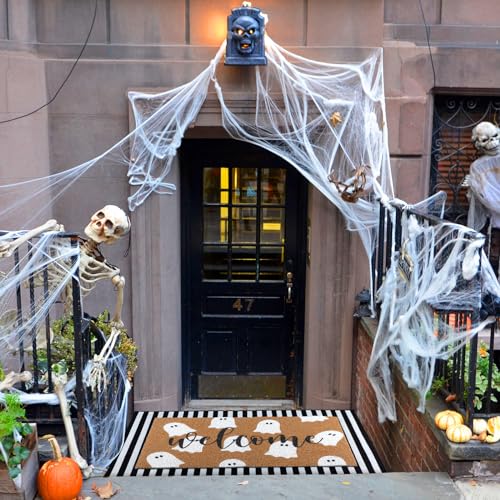 Tinideya 2 Pcs Halloween Welcome Door Mat Ghost Outdoor Welcome Mats for Front Door Non Slip Cute Ghost Coir Floor Mat Black White Stripe Halloween Rug for Outside Front Porch Entryway Decor - Image 2