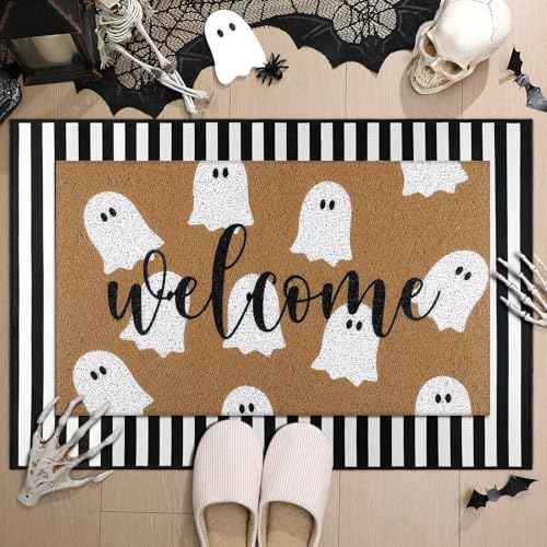 Tinideya 2 Pcs Halloween Welcome Door Mat Ghost Outdoor Welcome Mats for Front Door Non Slip Cute Ghost Coir Floor Mat Black White Stripe Halloween Rug for Outside Front Porch Entryway Decor - Image 1