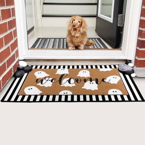 Tinideya 2 Pcs Halloween Welcome Door Mat Ghost Outdoor Welcome Mats for Front Door Non Slip Cute Ghost Coir Floor Mat Black White Stripe Halloween Rug for Outside Front Porch Entryway Decor - Image 4