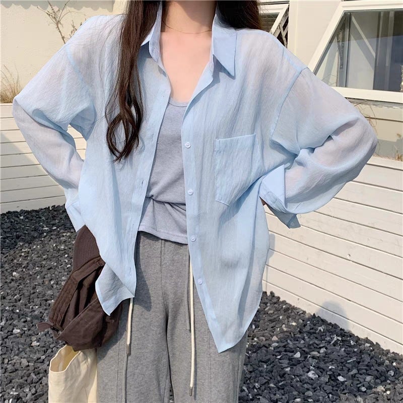 Generic Spot Ice Silk Sunscreen Shirt Womens Summer Silk Thin Shirt High-grade Anti-wrinkle Long-sleeved Sunscreen Jacket Blue - Image 1