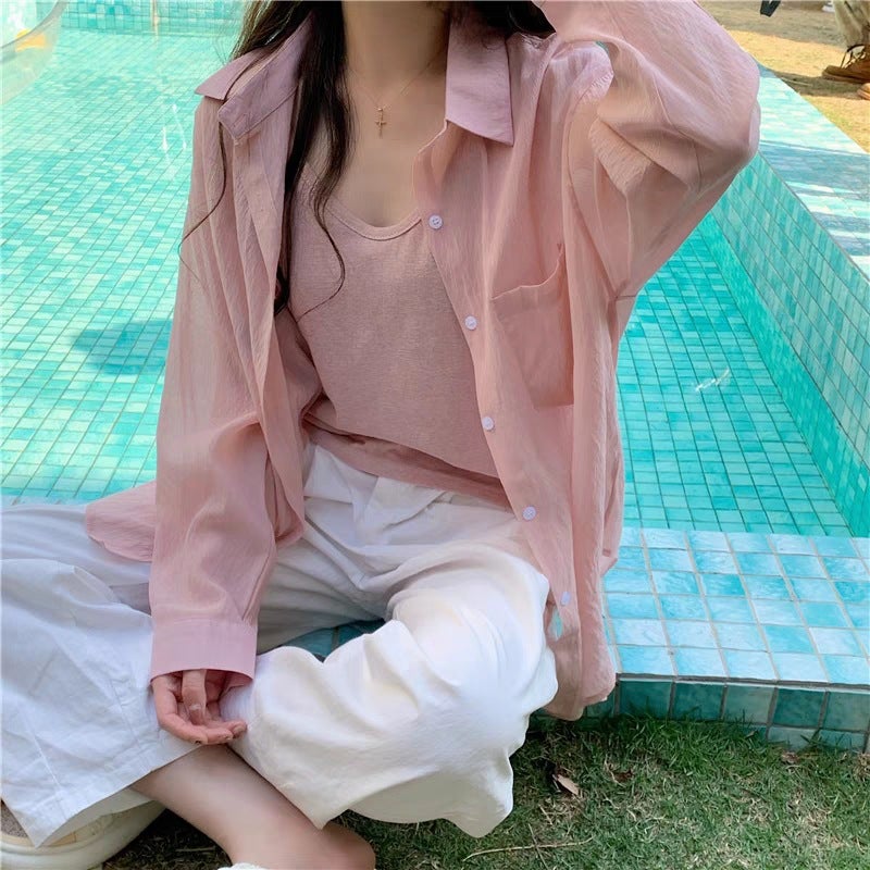 Generic Spot Ice Silk Sunscreen Shirt Womens Summer Silk Thin Shirt High-grade Anti-wrinkle Long-sleeved Sunscreen Jacket Blue - Image 3