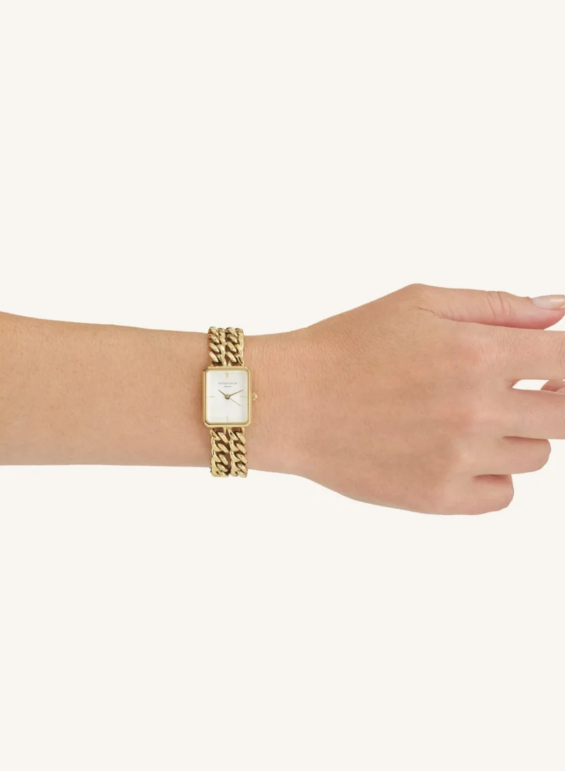 Rosefield  Women's Octagon XS Studio Double Chain Analogue Watch, White Sunray Dial, Gold Chain Bracelet for Women | Best Price UAE