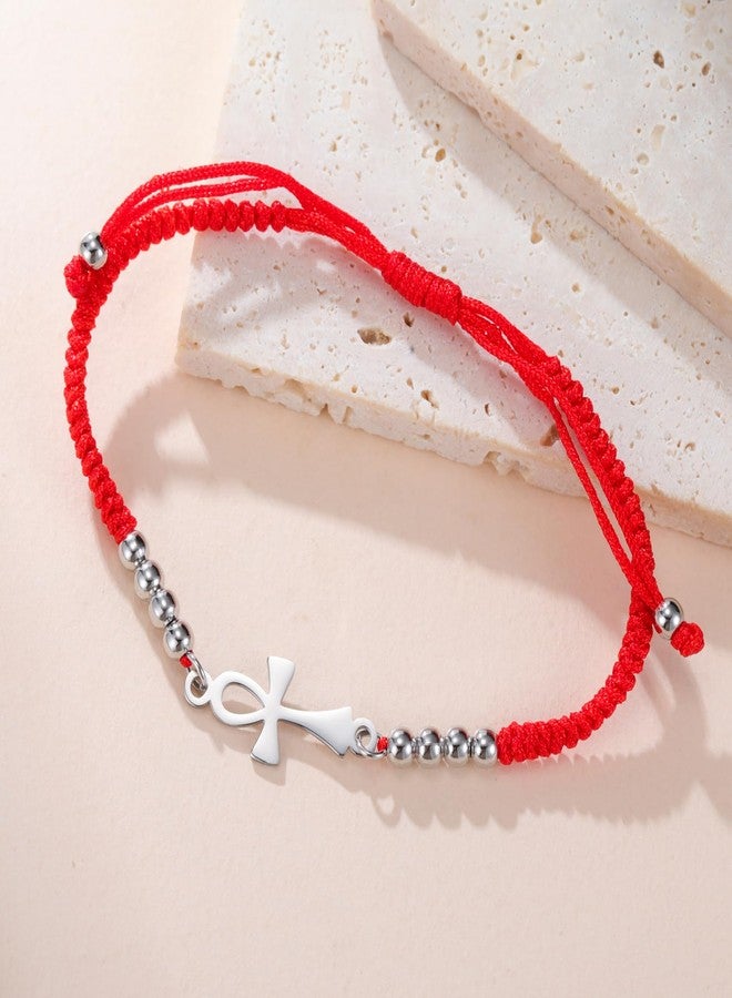 EUEAVAN Ankh Cross Bracelet Egyptian Handmade Braided Bead Couple Bracelet Key of Life Adjustable Religious Cross Anklet Ancient Egypt Amulet Jewelry Gift Women Men (silver-red) - Image 4