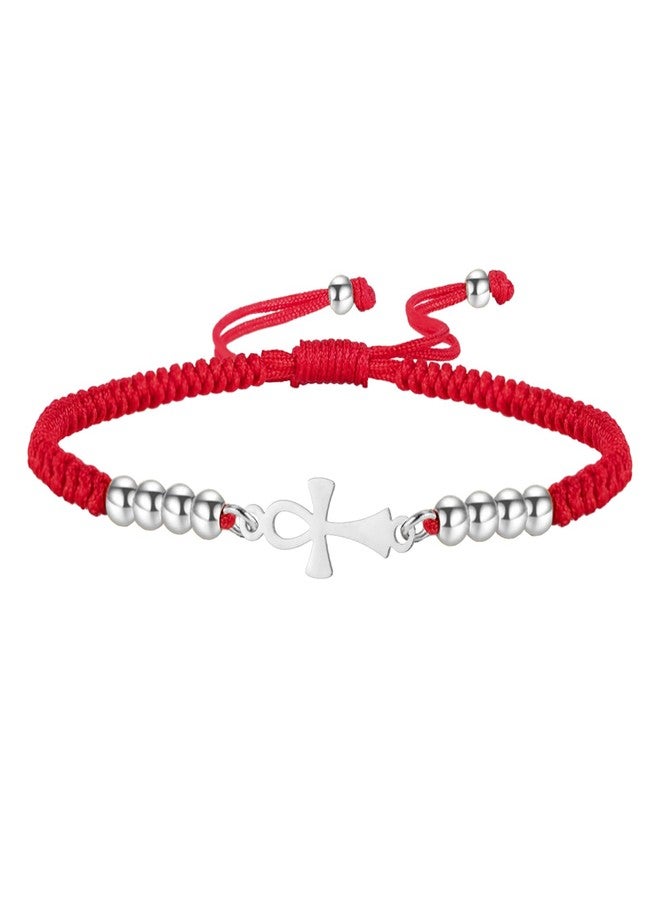 EUEAVAN Ankh Cross Bracelet Egyptian Handmade Braided Bead Couple Bracelet Key of Life Adjustable Religious Cross Anklet Ancient Egypt Amulet Jewelry Gift Women Men (silver-red) - Image 1