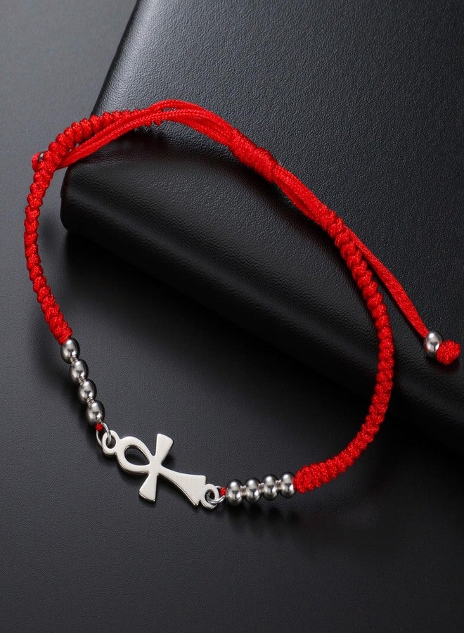 EUEAVAN Ankh Cross Bracelet Egyptian Handmade Braided Bead Couple Bracelet Key of Life Adjustable Religious Cross Anklet Ancient Egypt Amulet Jewelry Gift Women Men (silver-red) - Image 5