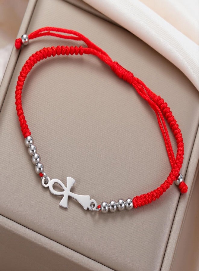 EUEAVAN Ankh Cross Bracelet Egyptian Handmade Braided Bead Couple Bracelet Key of Life Adjustable Religious Cross Anklet Ancient Egypt Amulet Jewelry Gift Women Men (silver-red) - Image 3