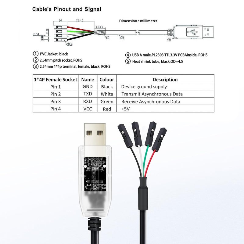D-tech USB to TTL Adapter 3.3V 4 Pin USB to UART Debug Cable Prolific Chip LED Indicators PL2303 IC Serial Converter Output 3.3 Volt for Windows 11 10 8 7 XP MAC Linux Easy Debugging Programming (1.8M) - Image 4