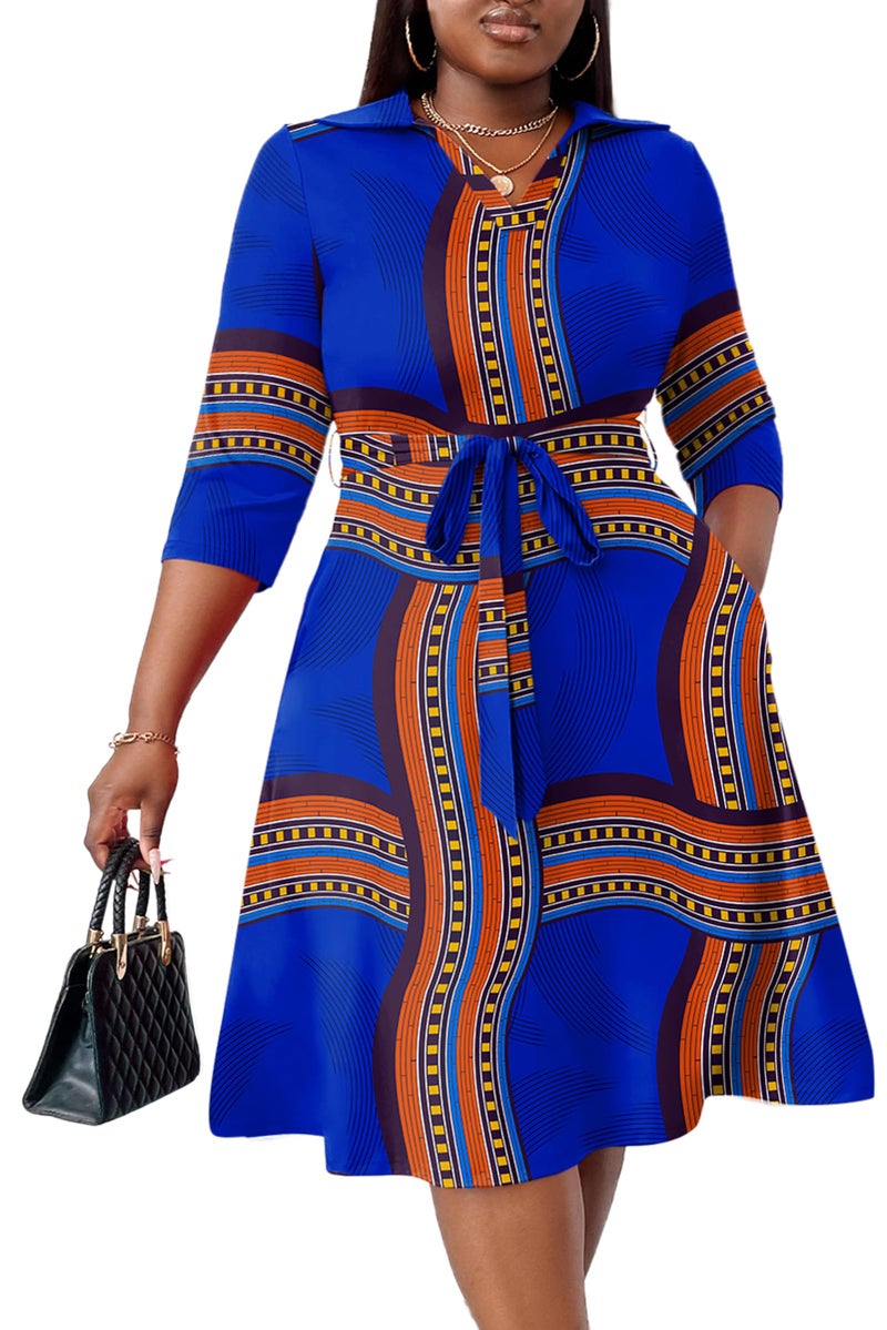 FANDEE Plus Size Midi Dress for Women 3/4 Sleeve Wedding Guest Cocktail Wrap Sexy Dresses with Pockets/Belt Royal Blue Print 3XL - Image 1