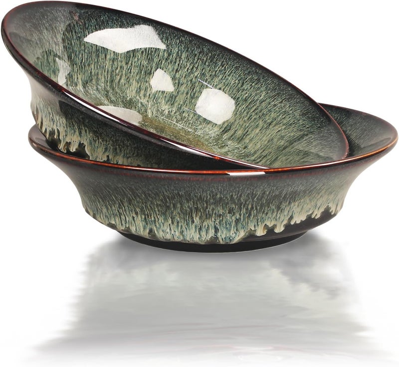 jinsongdafa Ceramic Pasta Bowls Set of 2 3 quart Large Salad Bowls Deep Wide Mouth Bowl Easy to stir for Soup Fruits Serving Kitchen Dinnerware Dishwasher Microwave Safe Black reactive glaze - Image 2