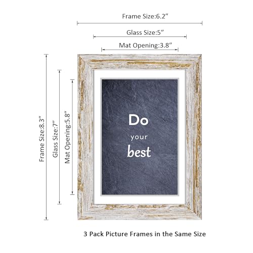 DEKWINN Rustic Distressed Retro Style White Photo Frame 5x7 Picture Frame Set of 3 with Real Glass for Pictures 4x6 with Mat or 5x7 Without Mat, Wall Gallery or Tabletop display - Image 2