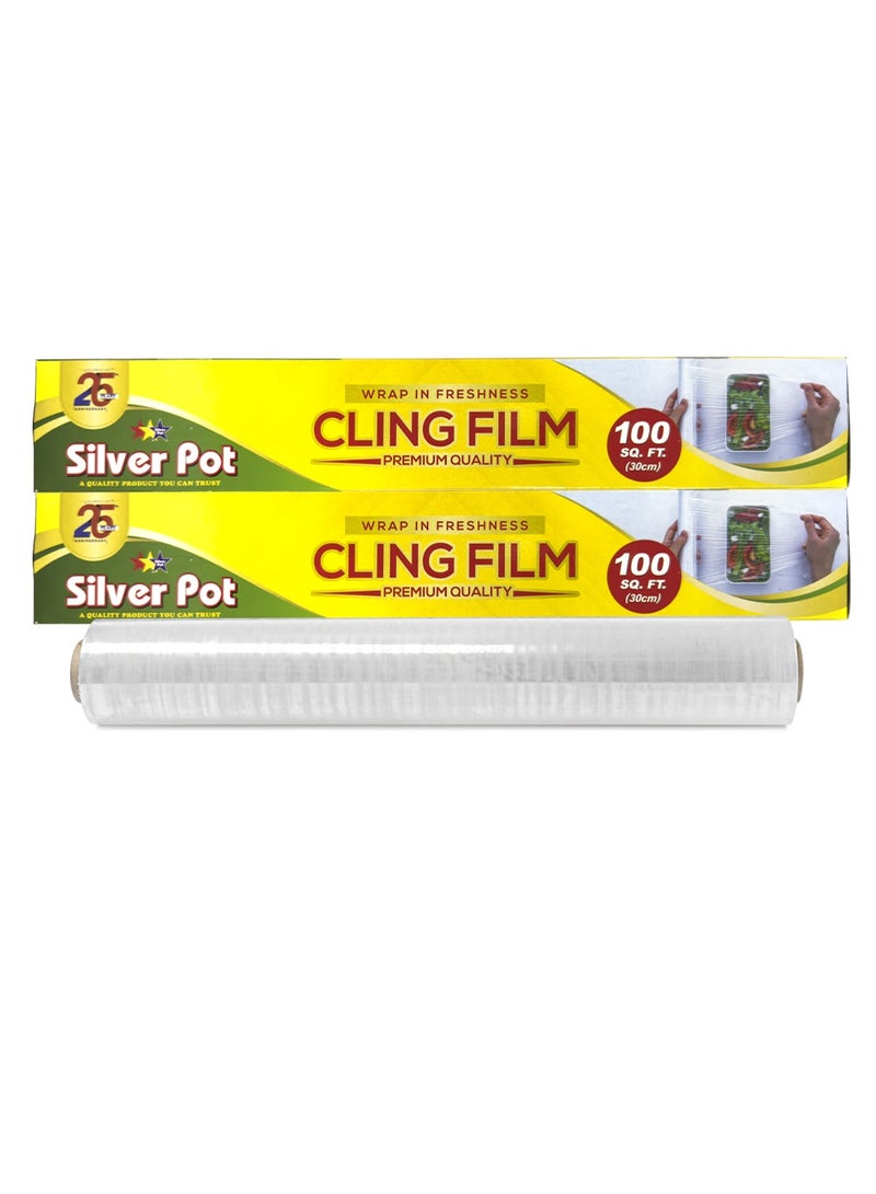 Silver Pot فيلم تغليف بولي إيثيلين متميز - عبوة مزدوجة - 30 سم × 100 سم - لفة تغليف متينة، من الدرجة الغذائية للحفاظ على النضارة والتخزين والتغليف - Image 1