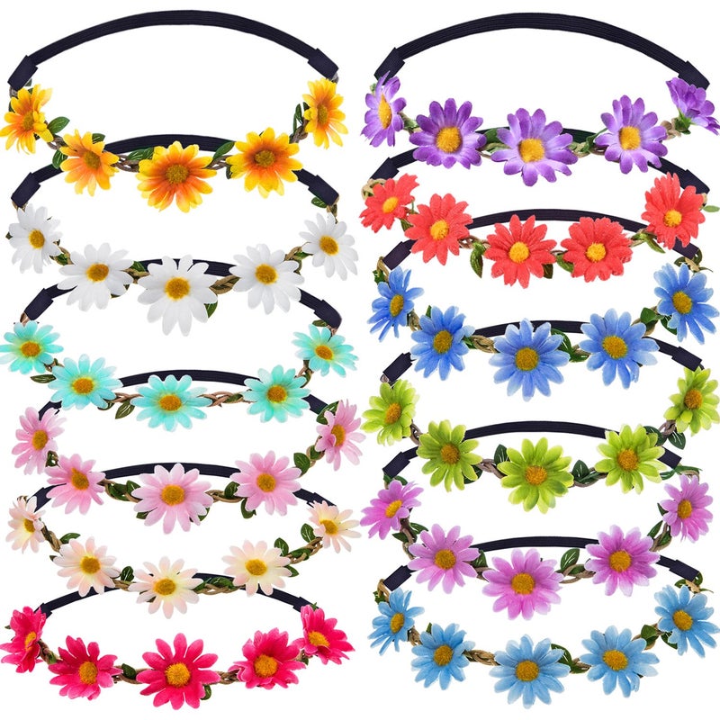 Bememo 12 Pieces Flower Headband Girl Women Daisy Flower Crown Hippie Floral Wreath Headband for Festival Wedding Bridal Party